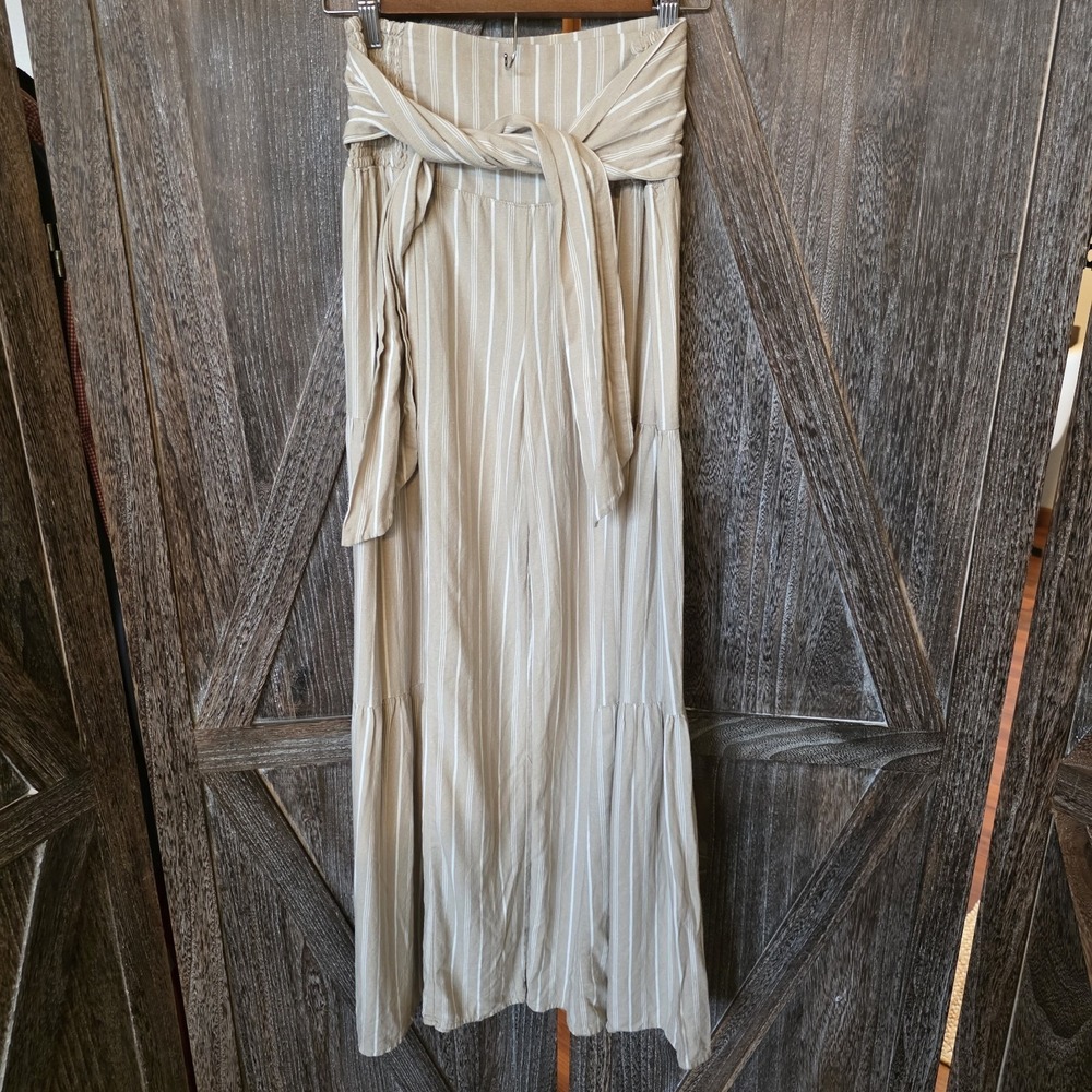 Happily Grey Pants Women's Size Medium Beige Pinstriped Wide Leg Pleated Bell
